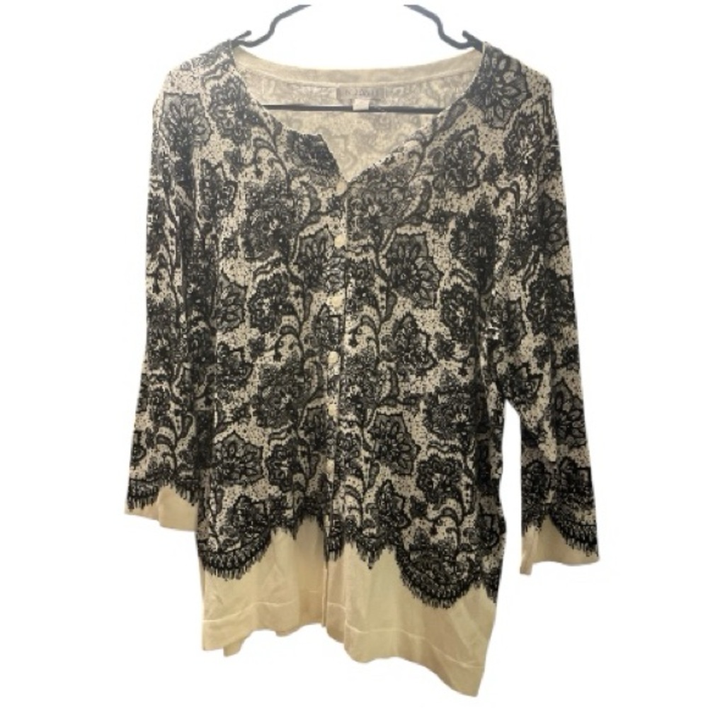 Roz & Ali Black & White Knit‎ Cardigan, 1x